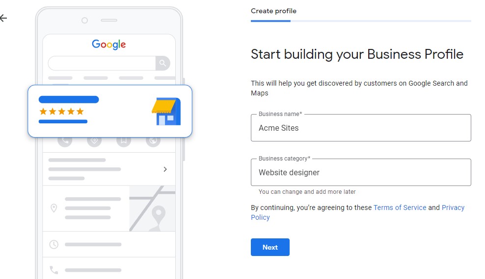 add a Google Business Profile - add business name and category