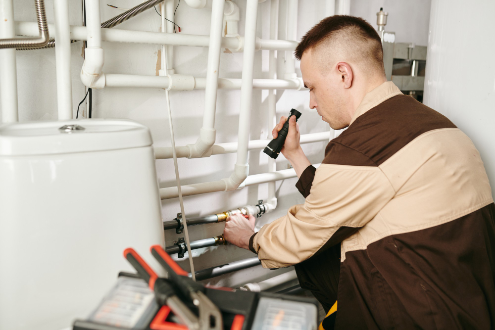 A plumber wearing a brown and beige uniform is crouched down, using a flashlight to inspect plumbing pipes behind a toilet. Tools are visible in the foreground.